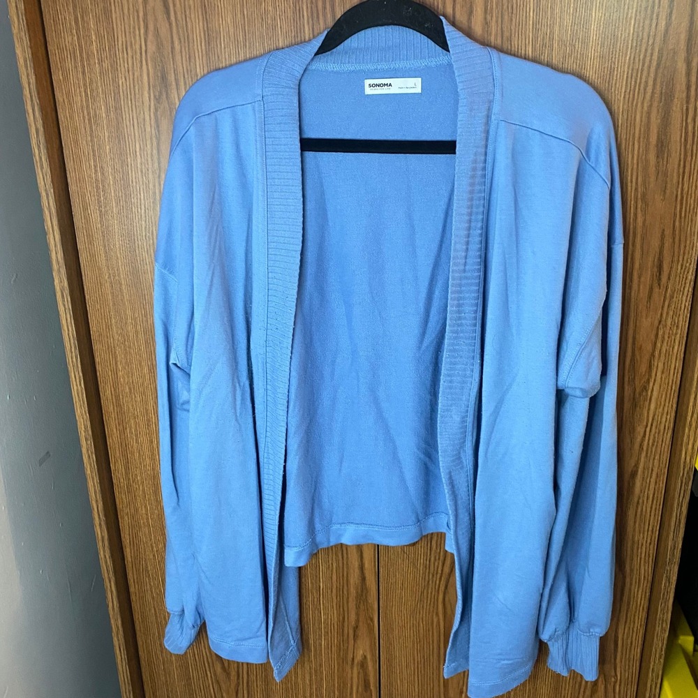 Sonoma Open Front Cardigan Womens L Blue Ribbed Trim Jersey Knit Stretch Sweater